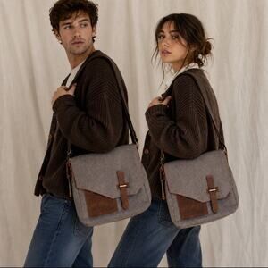 NWT VASCHY Canvas Leather Messenger Bag Gray Vintage Crossbody